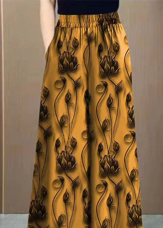 Pantalon taille haute élastique en soie jaune printanière, ample et imprimé