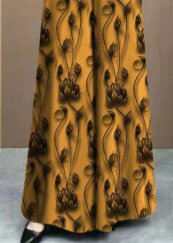 Pantalon taille haute élastique en soie jaune printanière, ample et imprimé