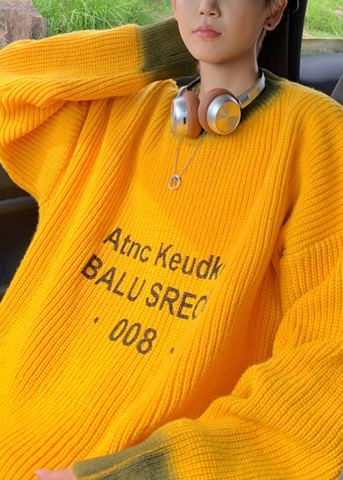 Pull ample en tricot jaune tie-dye pour homme, motif lettres, hiver RC026