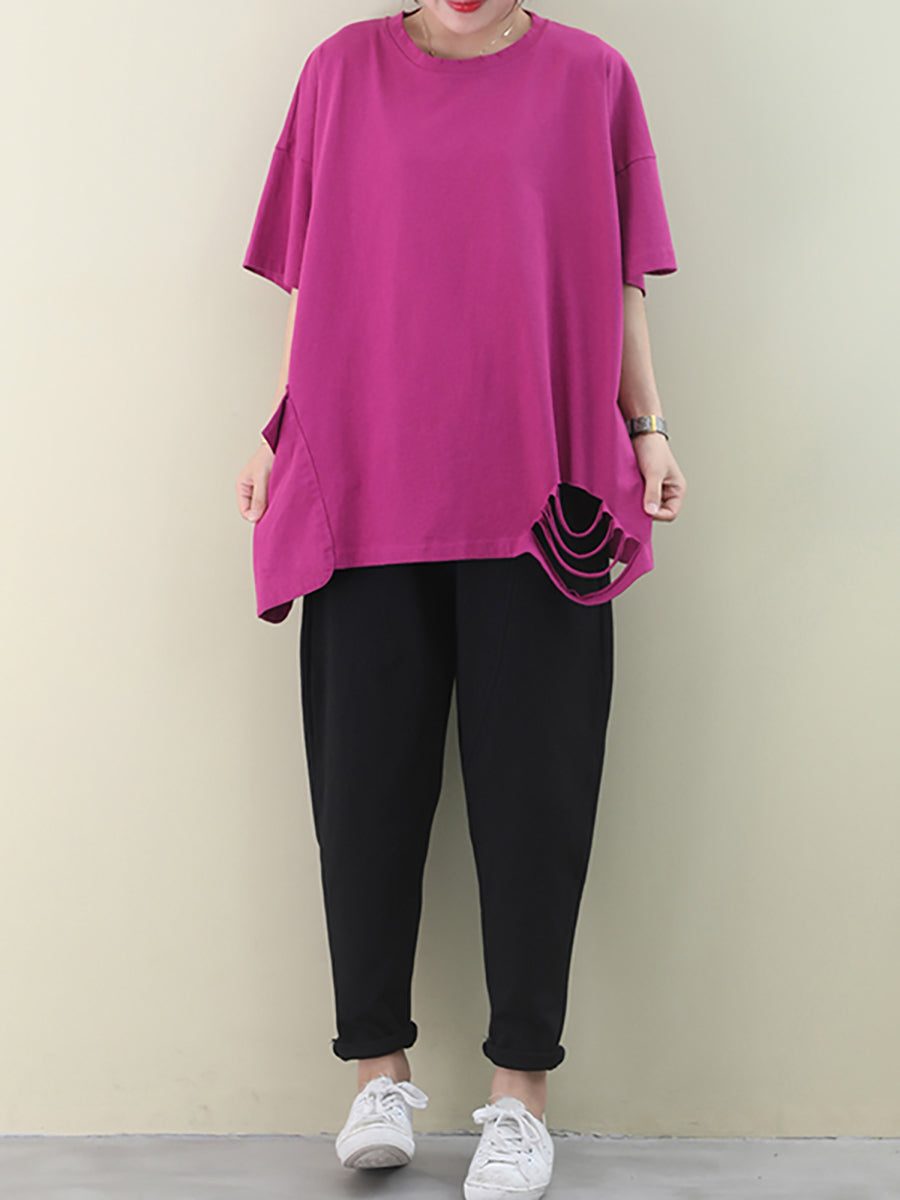 Plus Size Loose Pure Color Hole Hem Summer T-shirt AA1021