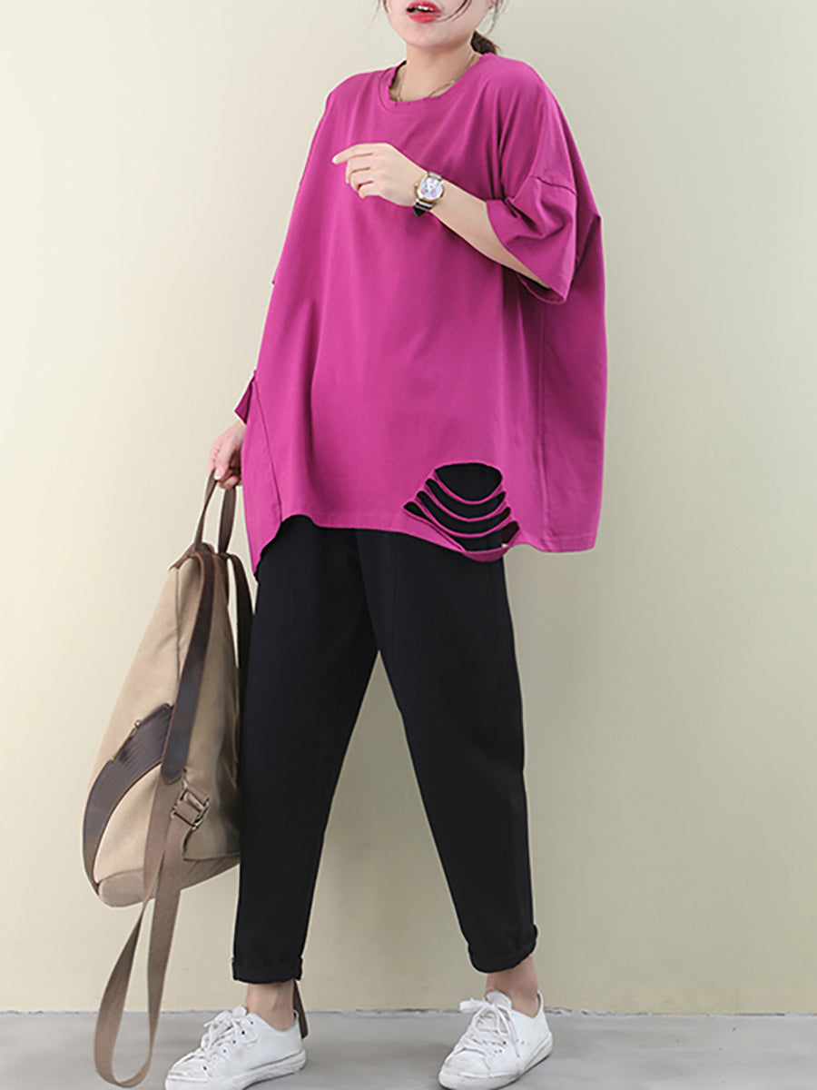 Plus Size Loose Pure Color Hole Hem Summer T-shirt AA1021