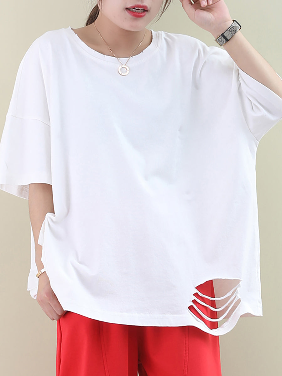 Plus Size Loose Pure Color Hole Hem Summer T-shirt AA1021