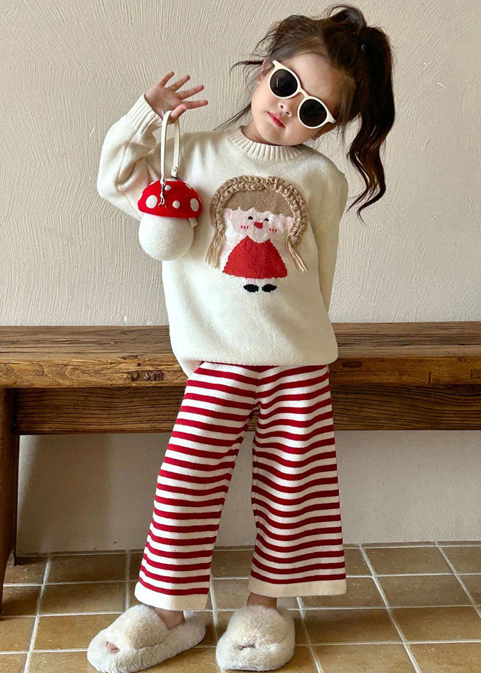 Ensemble deux pièces en tricot de coton beige à col rond et pantalon évasé pour enfants, printemps TR032