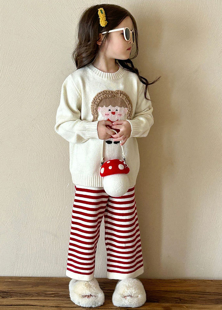 Ensemble deux pièces en tricot de coton beige à col rond et pantalon évasé pour enfants, printemps TR032