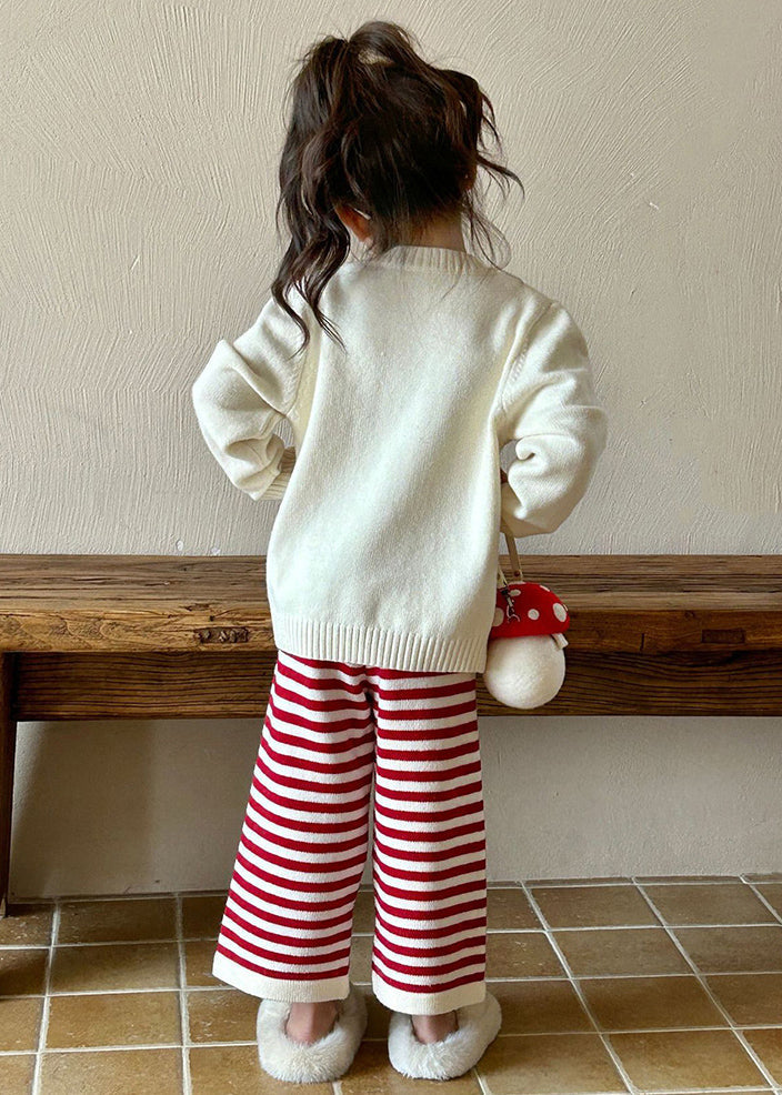 Ensemble deux pièces en tricot de coton beige à col rond et pantalon évasé pour enfants, printemps TR032