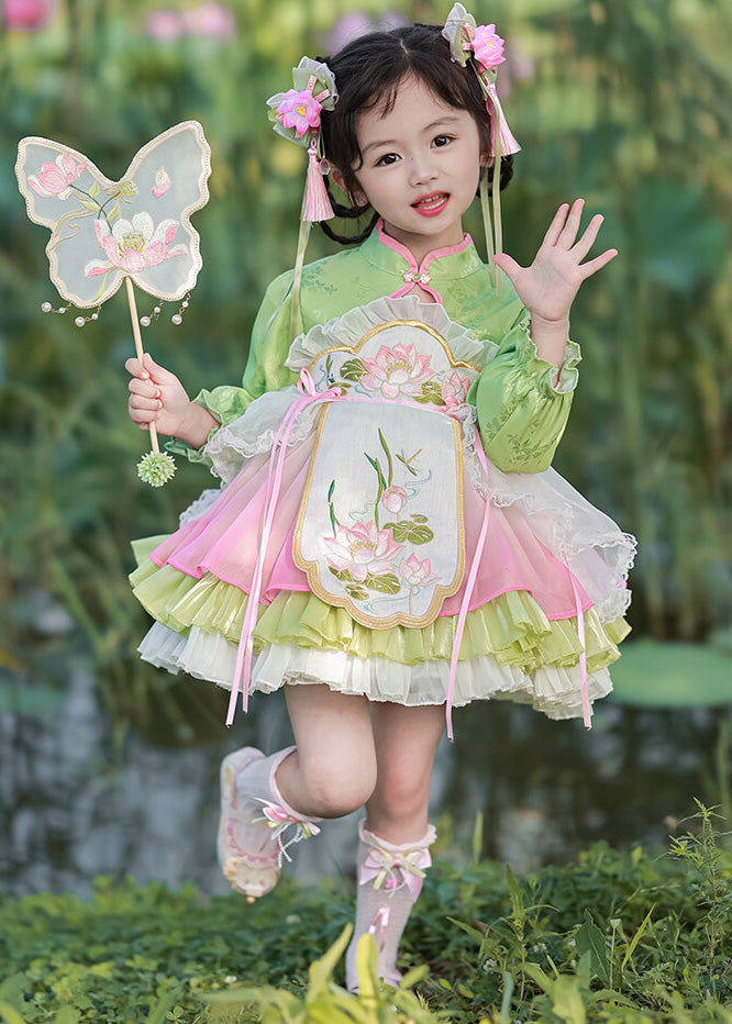 Grünes Mädchen Mid Lantern Lovely Tüll besticktes Knopfkleid