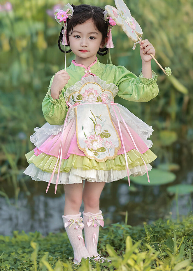 Grünes Mädchen Mid Lantern Lovely Tüll besticktes Knopfkleid