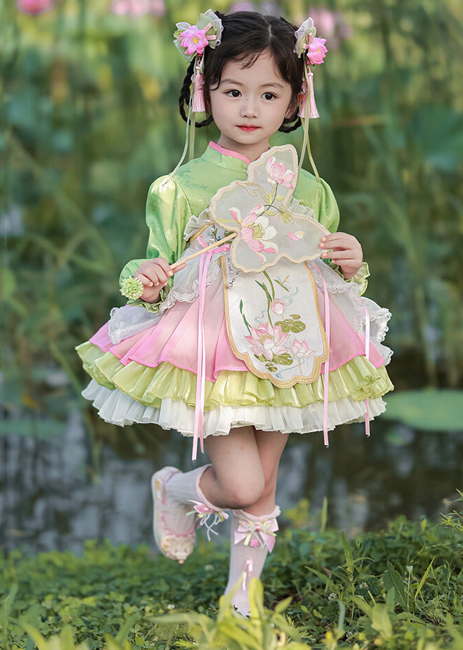 Grünes Mädchen Mid Lantern Lovely Tüll besticktes Knopfkleid