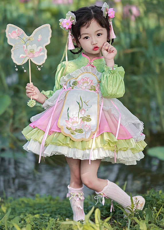 Grünes Mädchen Mid Lantern Lovely Tüll besticktes Knopfkleid