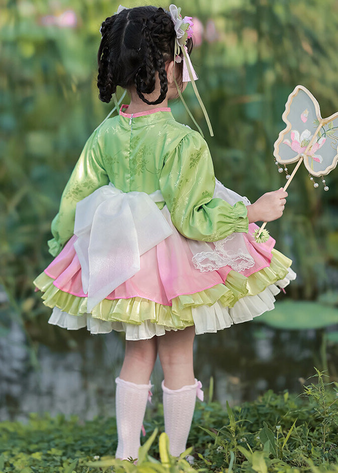 Grünes Mädchen Mid Lantern Lovely Tüll besticktes Knopfkleid