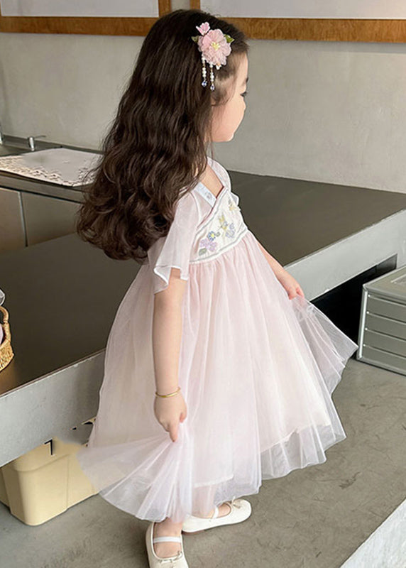 Lovely Light Pink Square Collar Embroideried Patchwork Tulle Kids Long Dresses Summer MN011