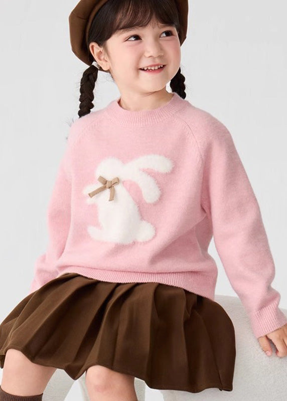 Schöner rosa Animal Print Baumwollstrickpullover für Mädchen, Frühling, TP033