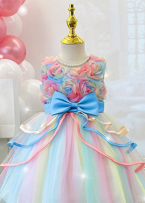 Schöne Rosa O-Ausschnitt Bogen Tüll Mädchen Maxi Kleider Sommer YE013