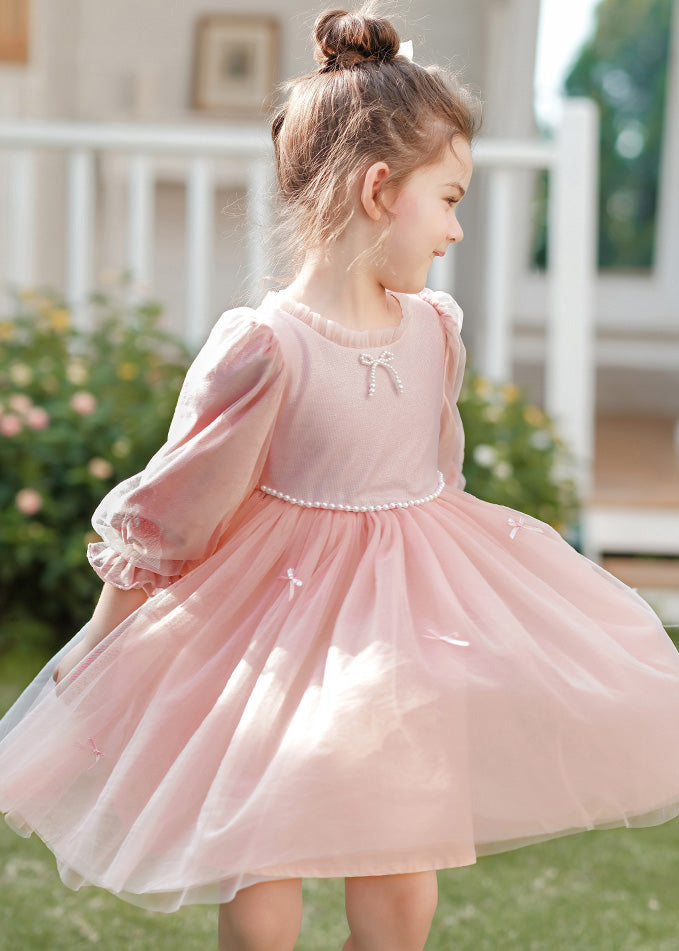 Robe mi-longue rose à col rond et perles en velours de soie et tulle pour enfant, printemps TG002