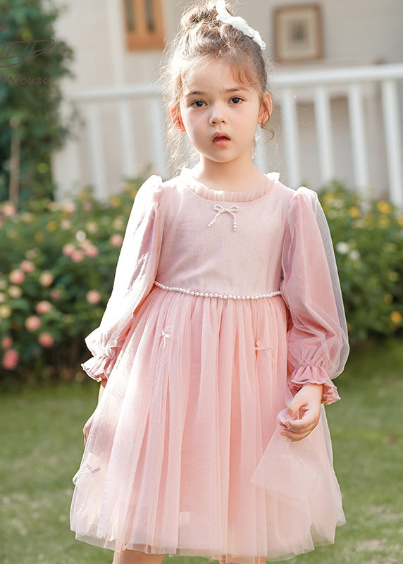 Robe mi-longue rose à col rond et perles en velours de soie et tulle pour enfant, printemps TG002