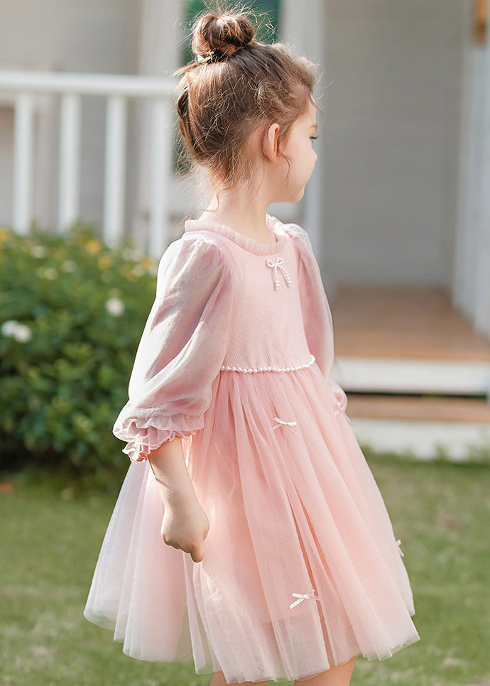 Robe mi-longue rose à col rond et perles en velours de soie et tulle pour enfant, printemps TG002