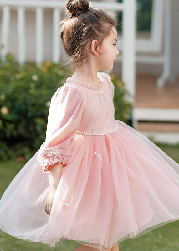 Robe mi-longue rose à col rond et perles en velours de soie et tulle pour enfant, printemps TG002