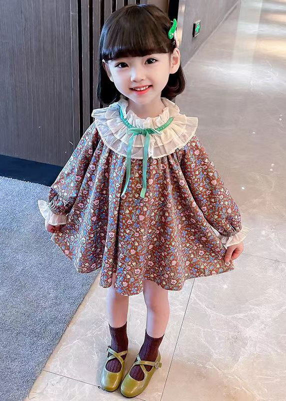 Lovely Ruffled Print Cotton Girls Mid Dress Long Sleeve XZ053