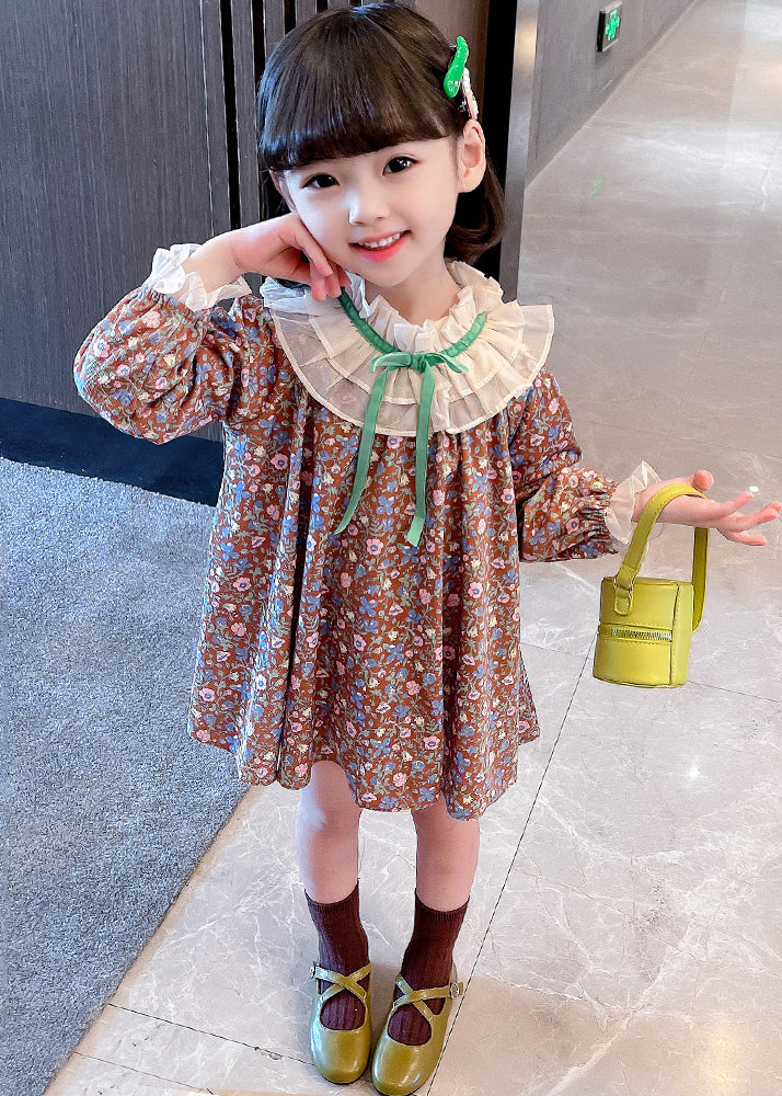 Lovely Ruffled Print Cotton Girls Mid Dress Long Sleeve XZ053