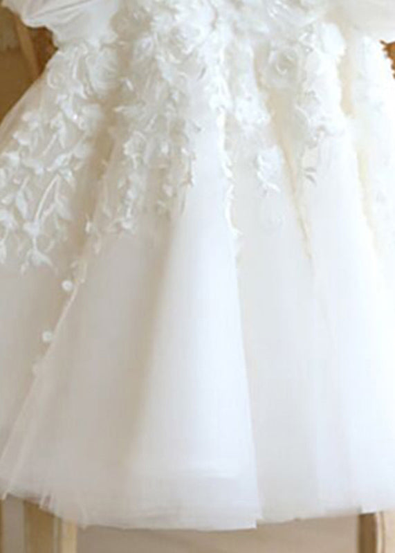 Lovely White Stand Collar Floral Tulle Kids Vacation Maxi Dresses Puff Sleeve YS037