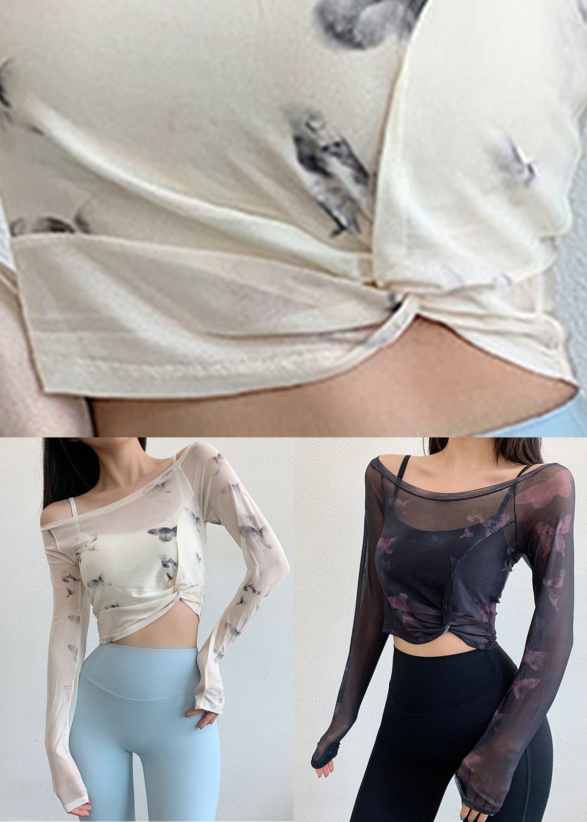 Print Fitting Tops Workout Weiß Luxus Falten Tüll