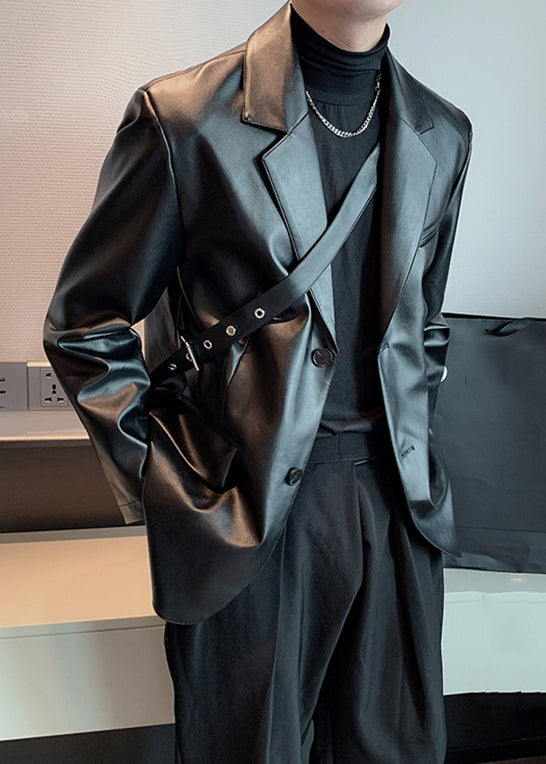 Moderner schwarzer Peter-Pan-Kragen mit Knopfleiste aus Kunstleder für Herren, Frühling, RN030