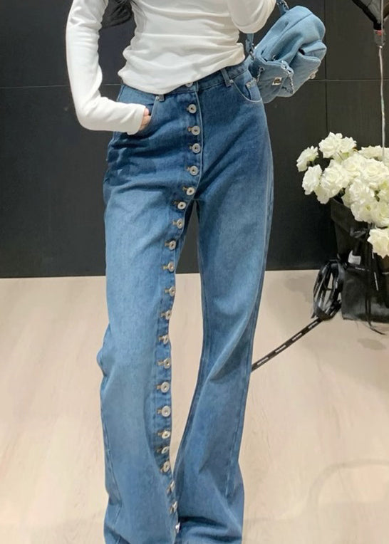 Pantalon bleu asymétrique taille droite en denim, bouton moderne haut