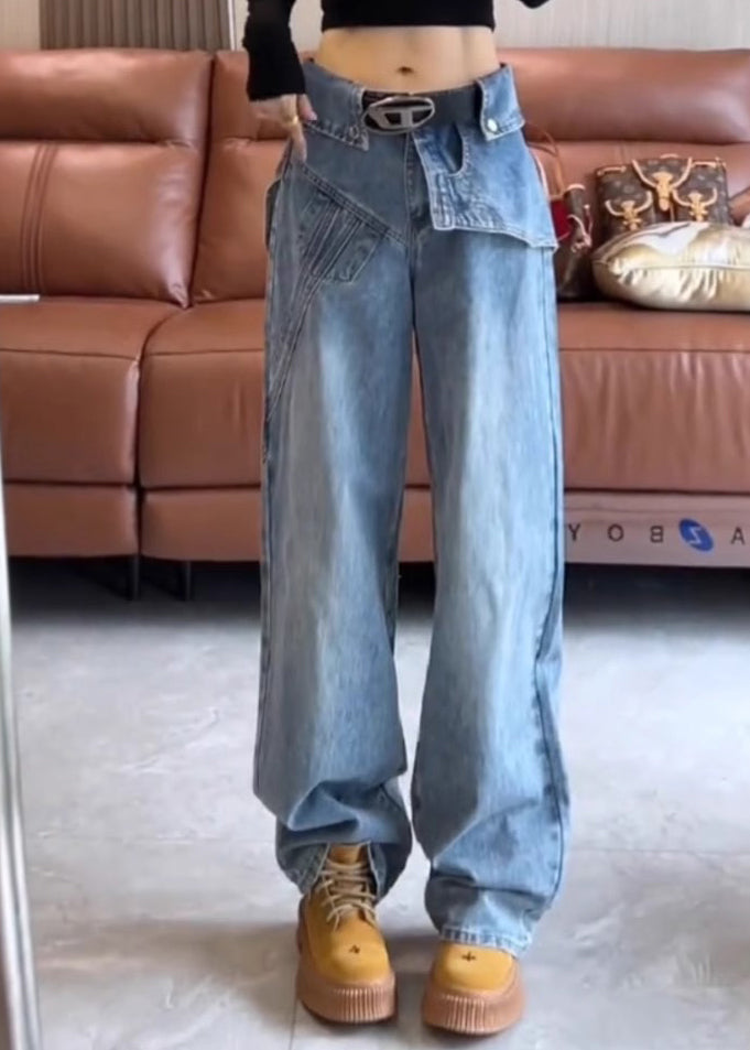 Pantalon taille haute bleu printemps asymétrique denim moderne