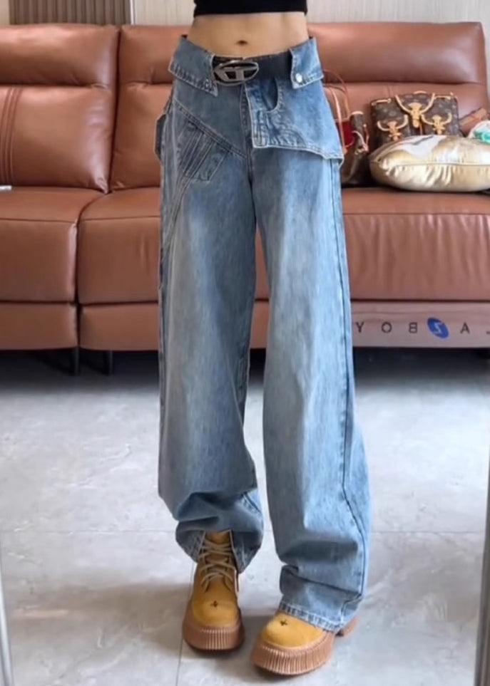 Pantalon taille haute bleu printemps asymétrique denim moderne