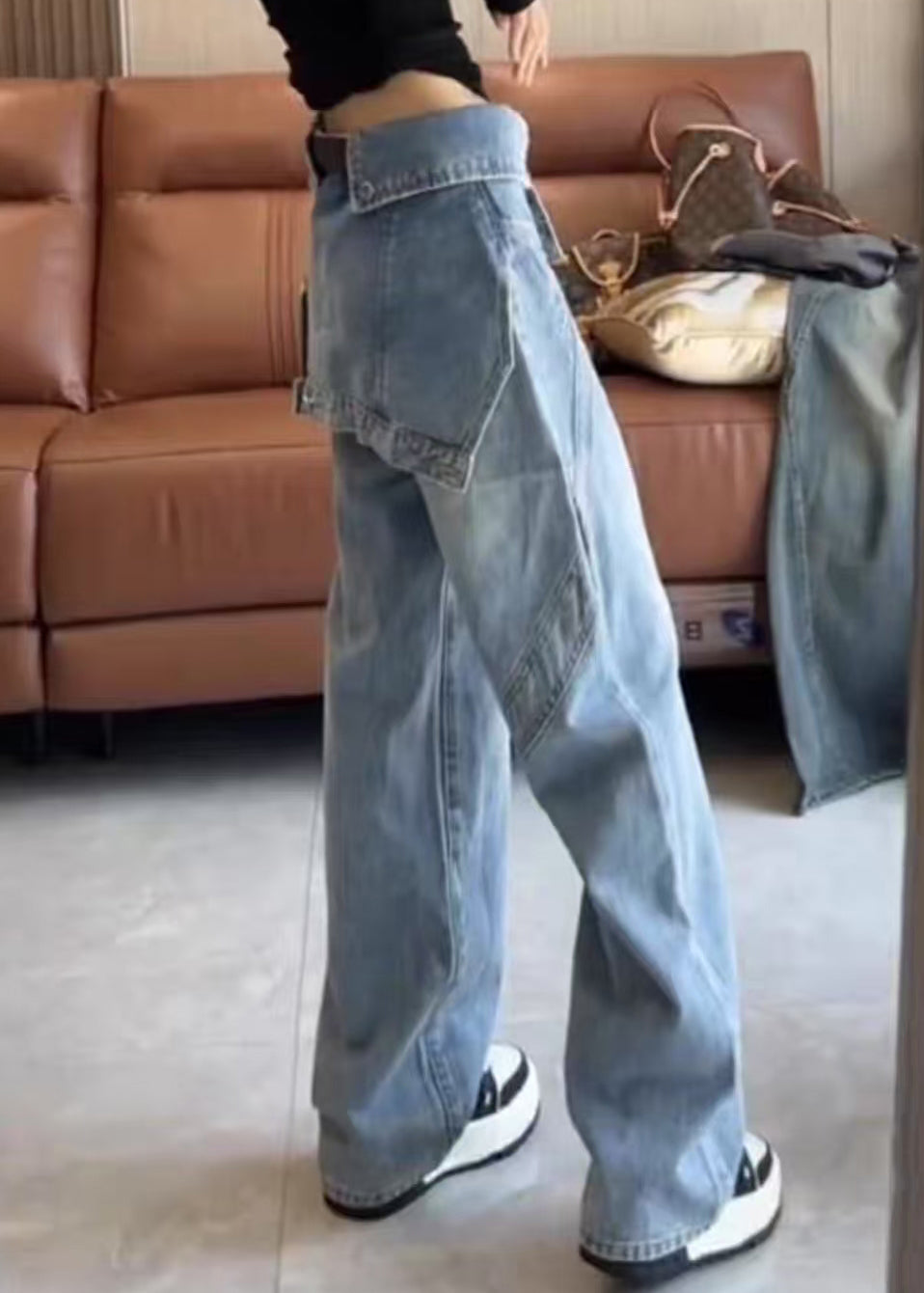 Pantalon taille haute bleu printemps asymétrique denim moderne