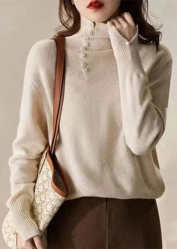 Haut moderne en tricot bleu à col montant et perles pour ongles, printemps TN017