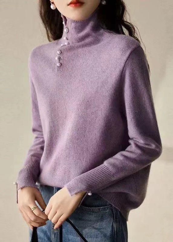 Haut moderne en tricot bleu à col montant et perles pour ongles, printemps TN017
