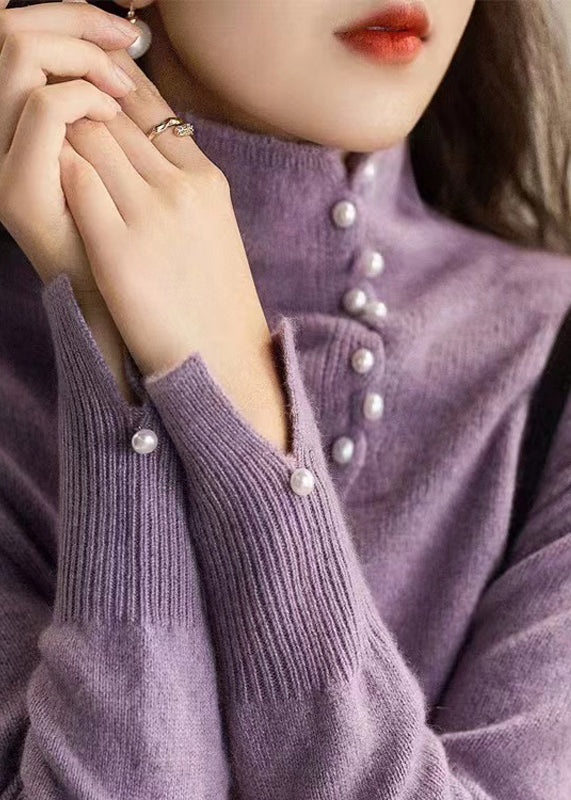 Haut moderne en tricot bleu à col montant et perles pour ongles, printemps TN017