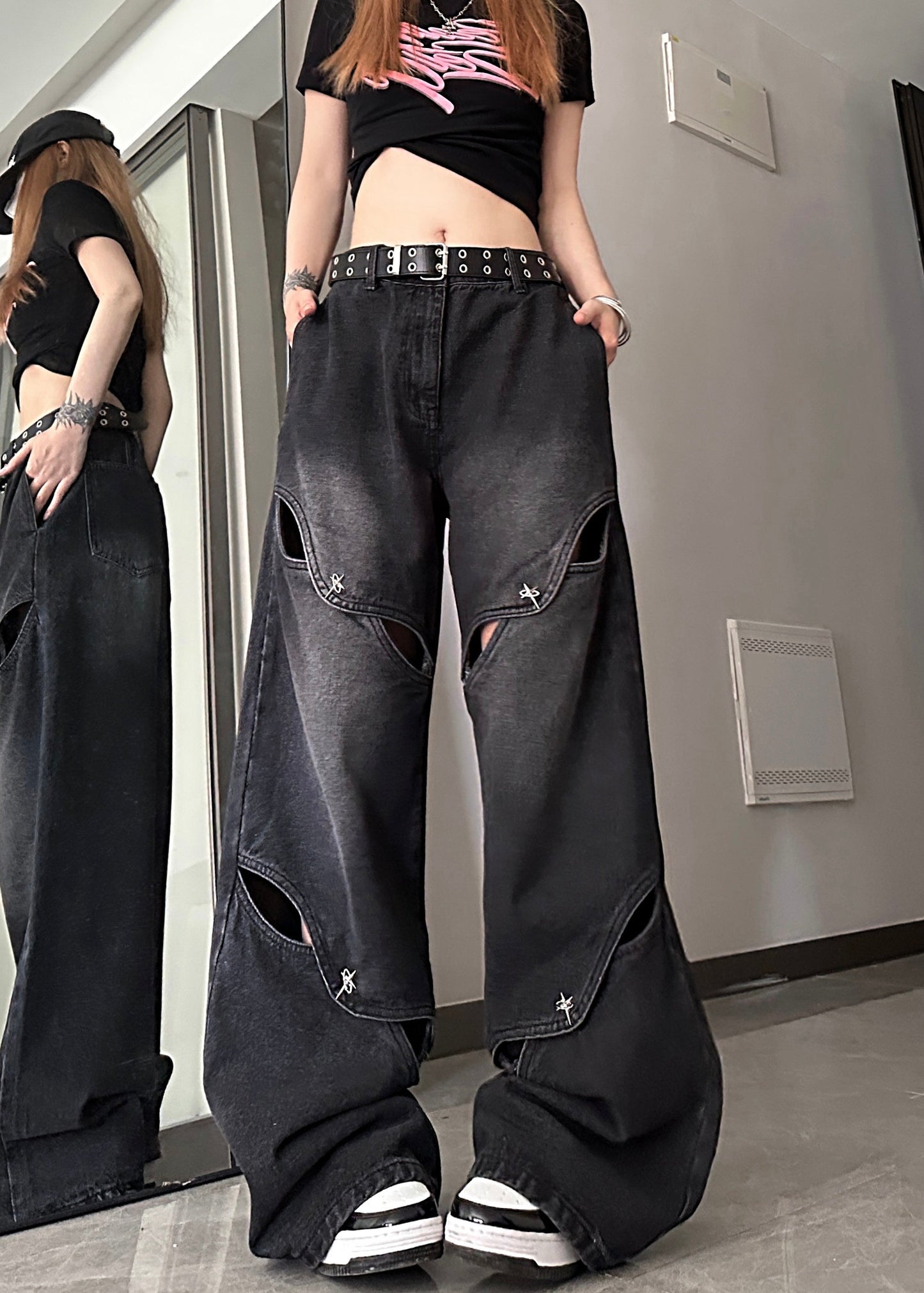 Pantalon en jean taille haute ajouré bleu moderne pour l'été PP035