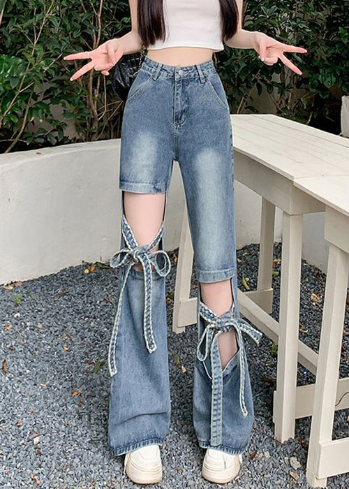 Pantalon en denim bleu moderne à lacets pour le printemps