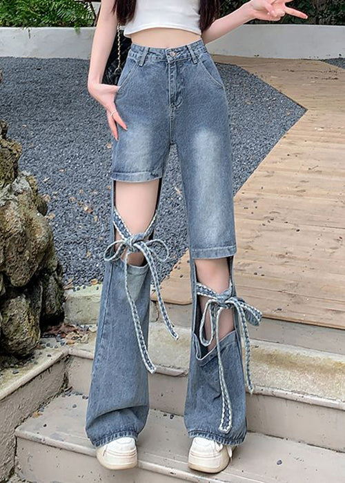 Pantalon en denim bleu moderne à lacets pour le printemps