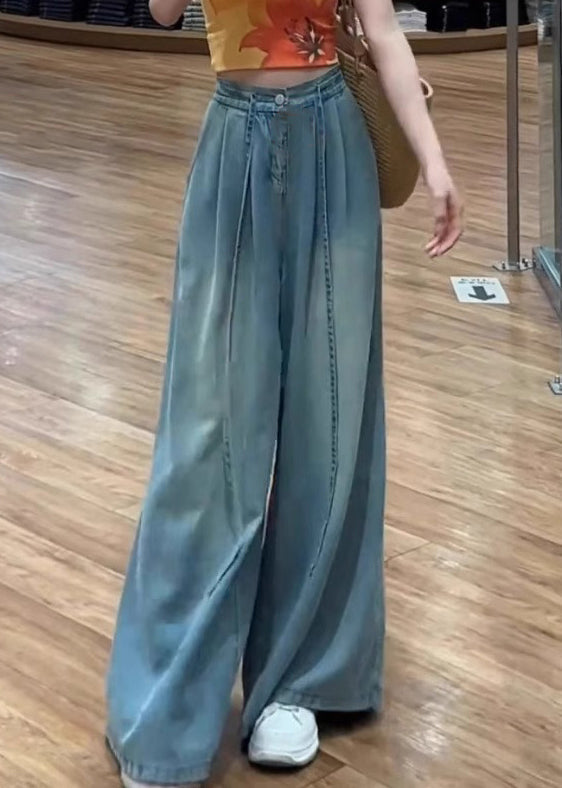 Lace Pants Blue Summer High Waist Up Modern Wide Leg Denim