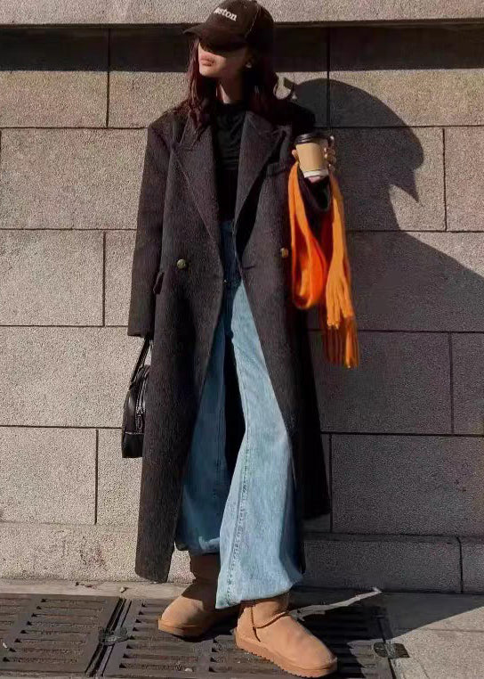 Manteau d'hiver en laine marron moderne avec poches et col Peter Pan RL007