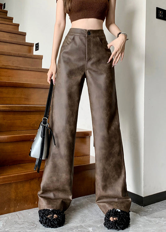 Pantalon en similicuir taille haute avec poches marron moderne Automne ER016