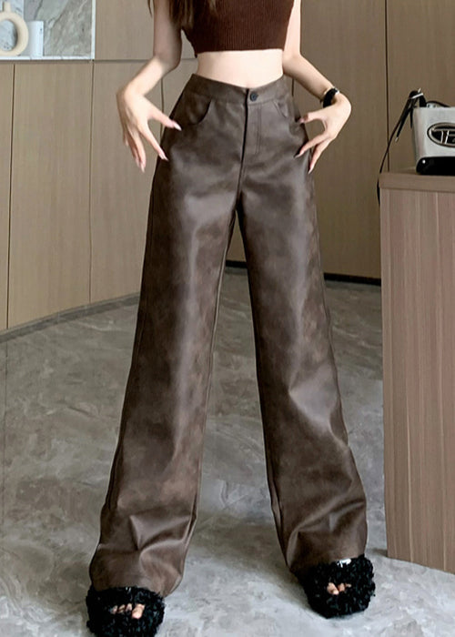 Pantalon en similicuir taille haute avec poches marron moderne Automne ER016