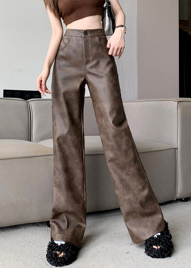 Pantalon en similicuir taille haute avec poches marron moderne Automne ER016