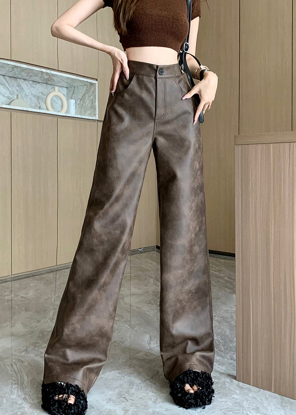 Pantalon en similicuir taille haute avec poches marron moderne Automne ER016