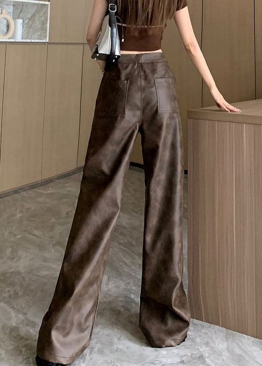 Pantalon en similicuir taille haute avec poches marron moderne Automne ER016