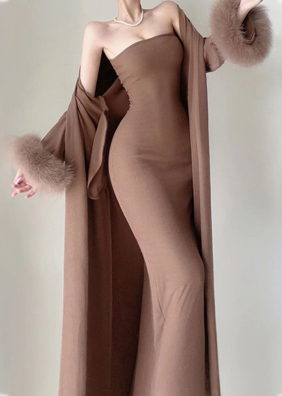 Modernes Kaffee-Strick-Baumwoll-Lang-Cardigans und langes Kleid, zweiteiliges Set, Winter RP021