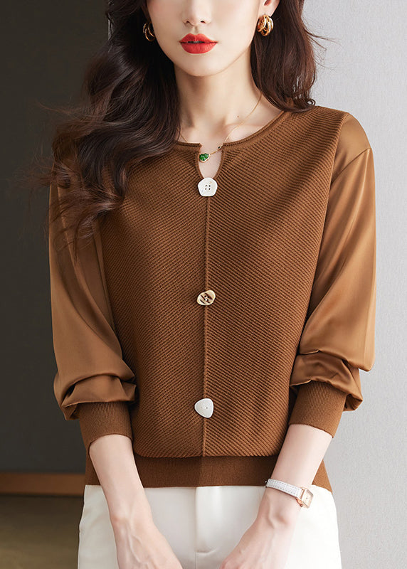 Haut en tricot patchwork à col rond et motif café moderne, printemps TQ019