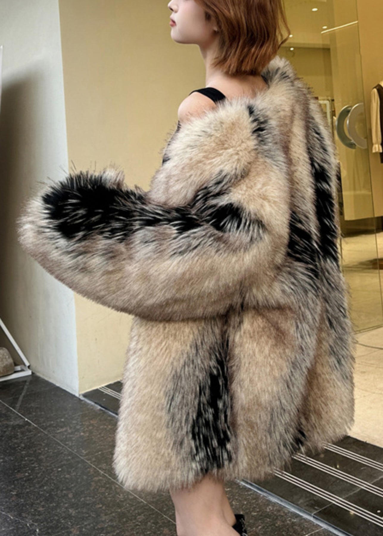 Moderne Colorblock Leder und Pelzmäntel V-Ausschnitt Winter RD006