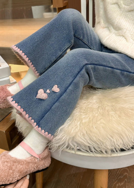 Moderne Denim Blau Liebe Taschen Warme Fleece Mädchen Crop Schlaghose Frühling TV004