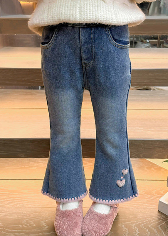 Moderne Denim Blau Liebe Taschen Warme Fleece Mädchen Crop Schlaghose Frühling TV004