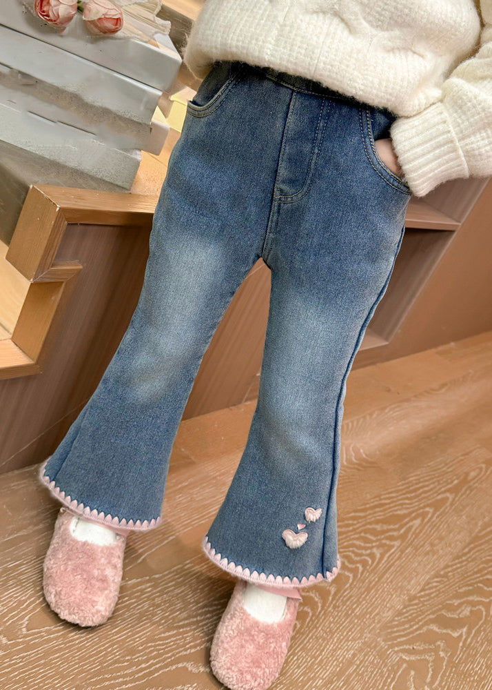 Moderne Denim Blau Liebe Taschen Warme Fleece Mädchen Crop Schlaghose Frühling TV004