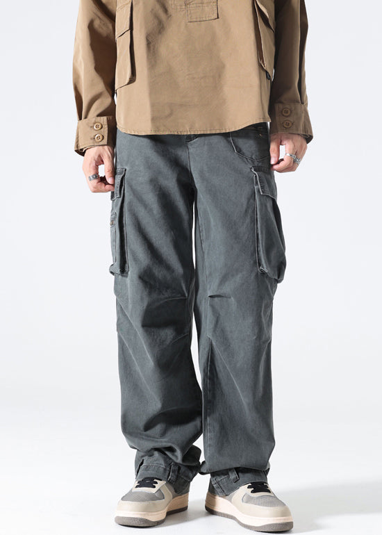 Hose Hohe Taille Herren Frühling Grau Baumwolle Taschen Modern